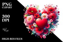 Watercolor Red Heart with Spring Flowers PNG Product Image 2