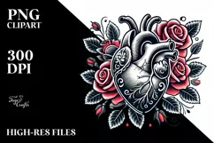 Simple Tattoo Style Heart with Roses, PNG Product Image 2