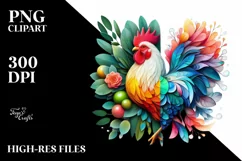 Vibrant Chicken with Flowers, Abstract PNG Product Image 1