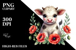 Baby Highland Cow with Poppy Floral, Watercolor PNG Product Image 2