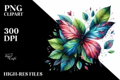 Abstract Vibrant Watercolor Butterfly with Plant Leaves, Product Image 1