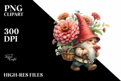 Detailed Watercolor of a Small Gnome Caring a Large Zinnia Product Image 1