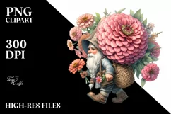 Detailed Watercolor of a Small Gnome Caring a Large Zinnia Product Image 1