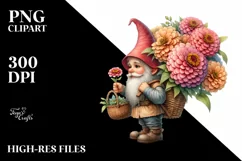 Detailed Watercolor of a Small Gnome Caring a Large Zinnia Product Image 1