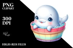 Adorable Baby Beluga Whale in Wooden Bucket | Clipart Product Image 1