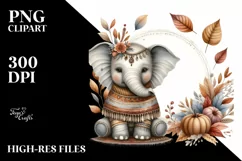 Cute Baby Elephant with Autumn Leaves Watercolor Product Image 1