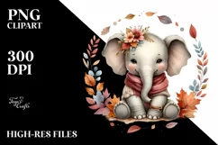Cute Baby Elephant with Autumn Leaves Watercolor Product Image 1