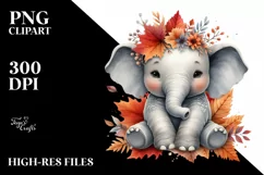Cute Baby Elephant with Autumn Leaves Watercolor Product Image 3