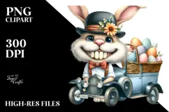 Watercolor Bunny with Eggs on Car, PNG Product Image 2