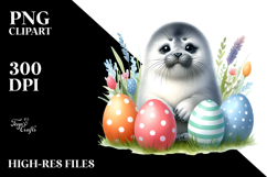 Cute Baby Seal in Grass with Easter Eggs, PNG Product Image 2