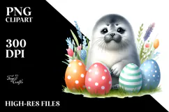 Cute Baby Seal in Grass with Easter Eggs, PNG Product Image 2