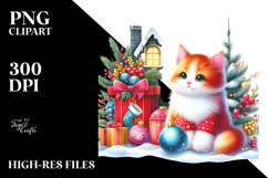 Watercolor Cat with Christmas Decorations PNG Product Image 2