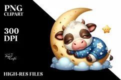 Cute Baby Cow Sleeping on the Moon Clipart Product Image 1