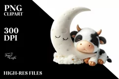 Cute Baby Cow Sleeping Moon | Watercolor Clipart Product Image 1