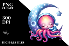 Whimsical Baby Octopus Sleeping on Moon | Clipart Product Image 2