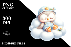 Whimsical Baby Owl Sleeping on Cloud | Clipart Product Image 2