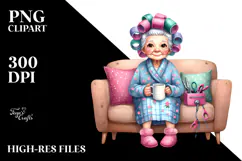 Watercolor Old Lady Sitting on Sofa Clipart Product Image 2