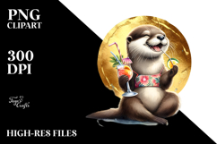 Happy Otters in Beachwear, Gold Foil Circle PNG Product Image 2