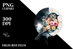 Watercolor Grungy Bird with Floral Circle PNG Product Image 2