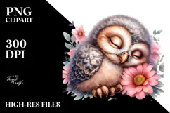 Digital Watercolor Baby Owl Sleeping PNG Product Image 2