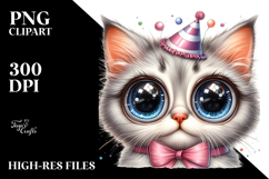 Colorful Watercolor Cat with Puppy Eyes and Party Hat, Product Image 2