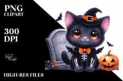Cute Halloween Black Cat Watercolor Clipart Product Image 1