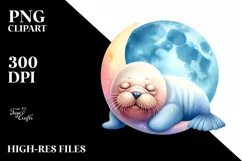 Cute Baby Walrus Moon Watercolor Clipart Product Image 1