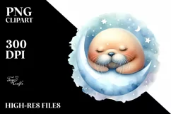 Cute Baby Walrus Moon Watercolor Clipart Product Image 1