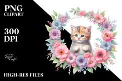Summer Kitten Baby Floral Frame Watercolor Vibrant Clipart Product Image 2