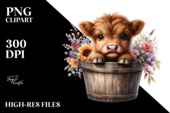 Cute Baby Highland Cow in Wood Bucket, Transparent PNG Product Image 2