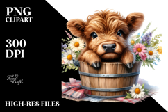 Cute Baby Highland Cow in Wood Bucket, Transparent PNG Product Image 2