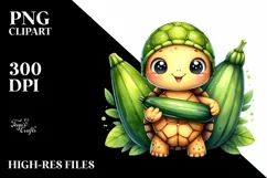 Funny Cute Baby Turtle Holding Zucchini | Watercolor Clipart Product Image 3