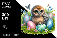 Baby Owl with Easter Eggs, Digital Watercolor PNG Product Image 2