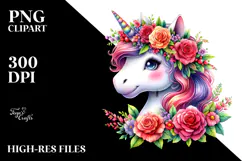Smiling Unicorn with Floral Wreath PNG Product Image 2