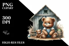 Funny Cute Baby Bear Sitting in Front of Barn | Watercolor Product Image 3