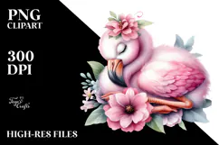 Baby Flamingo Sleeping on Flower, PNG Product Image 2