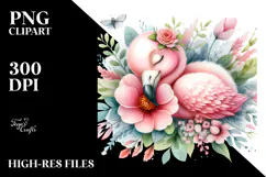 Baby Flamingo Sleeping on Flower, PNG Product Image 2