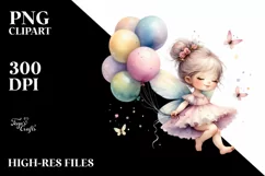 Small Cute Fairy Floating with Balloons | Clipart Product Image 1