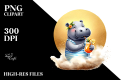 Watercolor Hippo and Cat on Beach with Cocktail, PNG Product Image 2