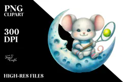 Cute Baby Mouse Playing Tennis on the Moon | Clipart Product Image 2