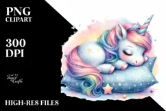 Colorful Baby Unicorn Napping on Star | Watercolor Clipart Product Image 1