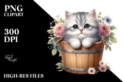 Cute Baby Cat with Wood Bucket PNG Product Image 3