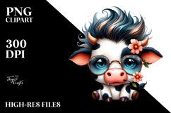 Baby Cow with Cool Hair and Flower, Watercolor Design PNG Product Image 2