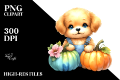 Cute Baby Dog with Pumpkin in the Style of PNG Product Image 2