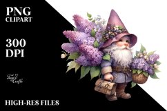 Detailed Watercolor of Gnome with Lilac Bouquet, PNG Product Image 2