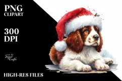 a Cute Sitting Brittany with Santa Hat PNG Product Image 1