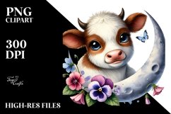 Baby Highland Cow with Impatiens, Watercolor PNG Product Image 2