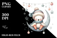 sitting Flamingo on Moon with Snowflakes PNG Product Image 2