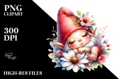 Cute Baby Gnome Sleeping on Flower, Digital Watercolor PNG Product Image 2