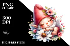 Cute Baby Gnome Sleeping on Flower, Digital Watercolor PNG Product Image 2